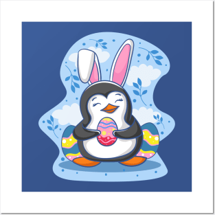 Easter Penguin Holding Egg Cute Bunny Ears Penguin Lover Posters and Art